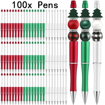 100шт Коледна дръжка, дръжка, с мъниста, химикалка химикалка от мъниста, червени, зелени дръжки от мъниста за самостоятелно приготвяне на училищните канцеларски материали