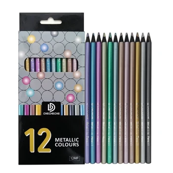 12 Метални цветове Молив за рисуване, Раскрашенные черно дърво моливи за рисуване, канцеларски материали за графити за ученици