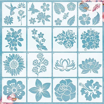 16ШТ Шаблони За Рисуване на Цветя, Растения за Многократна употреба Шаблони 