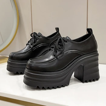 2023 Модни дамски обувки на висок ток, кожени дамски обувки-oxfords на платформата с квадратна ток, дантела, дамски официални обувки за ролеви игри, униформи, модел обувки