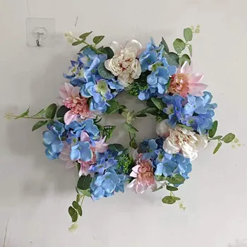 2024 Пролетта Синьо-бял венец от хортензия, която симулира трансграничную цветен декорацию, Сватбена подвесное украса на открито, Тераса, 30 см
