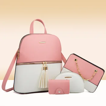 4шт женски модерните чанти в контрастен цвят, чанта през рамо, раница, комплект, чантата е от изкуствена кожа, клатч, луксозен държач за карти
