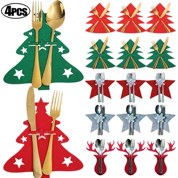 4ШТ Коледен Комплект прибори за хранене Коледно Дърво Звезда Нож, Вилица Лъжица на Капака Държач за чинии Коледна Парти Украса на масата за хранене