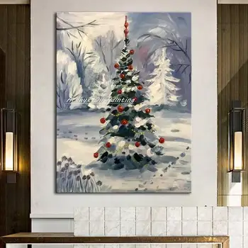 Arthyx, Коледна картина с маслени бои ръчно изработени върху платно, Пейзаж с дърво, Съвременно абстрактно стенно изкуство, Картини за всекидневната, домашен декор