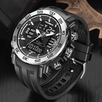 FOXBOX Класически модерни мъжки ръчни часовници Силикон каишка Цифрови военни часовници с двоен дисплей Светлинен 50-метрови Водоустойчив спортен часовник