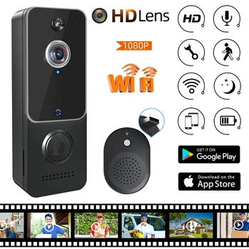 HD 1080P WIFI Безжичен звънец с двустранно звук, камера за нощно виждане, акумулаторна система за сигурност на един умен дом, външни дръжки на разговори