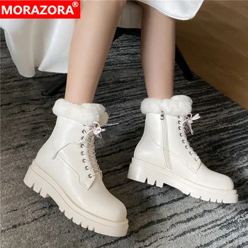 MORAZORA/ Лидер на продажбите 2022, женски ботильоны, зимни обувки на дебела подметка, ежедневни модни дамски зимни обувки от естествена кожа, дантела, с цип