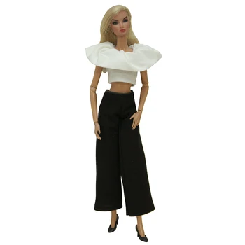 NK 1 бр. Модерен облекло за кукли Барби, аксесоари, дрехи, Бяла риза, с модерни черни ежедневни панталони, играчки за куклена къща