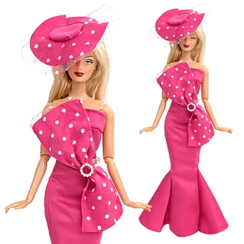 NK 1 комплект, Приталенная пола принцеса Благородни Рози с риба опашка, празничен костюм, Модерни рокля + Шапка за Барби, Аксесоари за Кукла, Подарък за момичета 9X