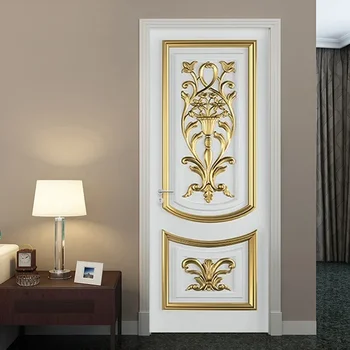 PVC Самозалепващи Водоустойчива Врата Стикер 3D Стерео Бял Европейски Стил Златни Издълбани Тапети Хол и Спалня на Стикер На Вратата