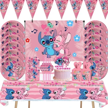 Roze Lilo & Stitch Thema Feestdecoraties Banner Ballonnen Papieren Bekers Meisjes Verjaardagsfeestje Arrangement Benodigdheden