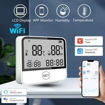 Sasha WIFI Сензор за температура и влажност на въздуха Вътрешен Влагомер, Термометър Детектор Smart Life Поддръжка на приложения Алекса Google Home