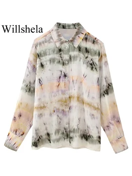 Willshela Дамски модни однобортная блуза с принтом Вратовръзка Боядисват, реколта ризи с ревера и дълъг ръкав, дамски ризи, шикозни за една дама