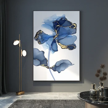 Абстрактна Интериорна картина Златисто-Сини Цветя, плакат на платно в скандинавски стил, Стенни художествена печат, картина за хола, Стенни картини за дома интериор на верандата