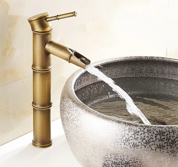 Античен месинг кран за мивка в банята с водопад Съд Висок Бамбук кран Ретро Смесители за мивка с един дупка Lan016