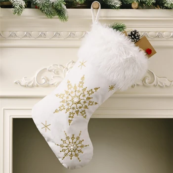 Бял плюш с релефен, Злато, сребро, бродерия, Коледни чорапи под формата на снежинки, Коледни декор за дома, коледа, Коледни подаръци чорапи за деца