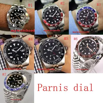 висококачествени 40-мм часовници PARNIS с черен циферблат, Юбилейна гривна, сапфир стъкло, керамични bezel, автоматични мъжки часовник GMT, механични часовници
