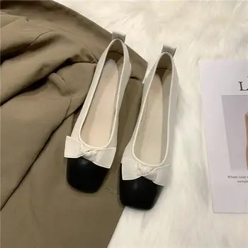 Дамски балет апартаменти на равна подметка, два цвята обувки на плоска подметка с лък, модни дамски обувки на нисък ток, фини обувки на квадратен ток