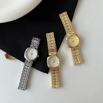 Дамски кварцов часовник с нишов дизайн, часовници с малко правоъгълно квадратен циферблат, дамски луксозни ръчни часовници, Класически Прости Модни Златни часовници