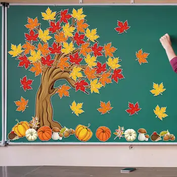 Декор за рязане от училищната хартия, Есен украса табла за съобщения, Голямо дърво, Кленови листа, Тиква, Пай, Гъби, горски Плодове на есента