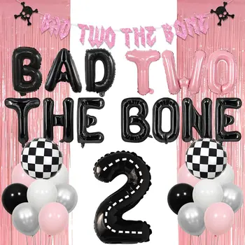 Декор на рожден ден Bad Two The Bone по темата на 2-ри рожден ден, балон, банер с ресни завеса, на рожден ден в стил рок-н-рол