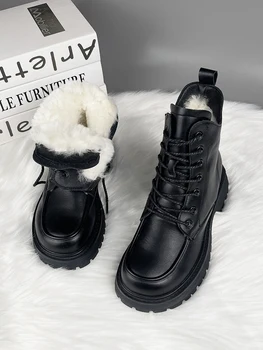 Зимни обувки От естествена кожа, кожа обувки с цип, Австралийската обувки на плоска подметка с кръгла пръсти, мека снежна Лолита Рок 2023, Дамски обувки среден размер