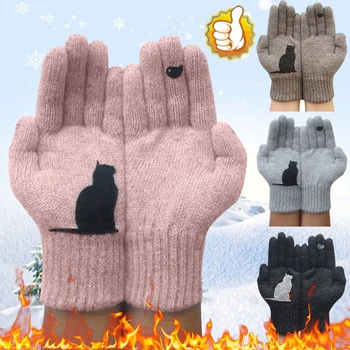 Зимни ръкавици за мъже, жени, юноши, топли плетени калъф за ръкавици с принтом прекрасни котки и птици, Ветроупорен топли зимни ръкавици, Меки ръкавици