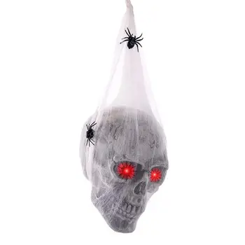 Интериор под формата на черепа на Хелоуин, Призрачен Глас активируемый скелет, украшение във формата на черепа, LED червени очи, Паяк, духове Къща, украса за парти на Хелоуин