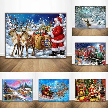 Коледна Картина върху платно Празничен Декор на стените Подарък Санта Лосове Селска Фермерска къща Зимен Пейзаж Празнични Художествени Плакати, Без рамка
