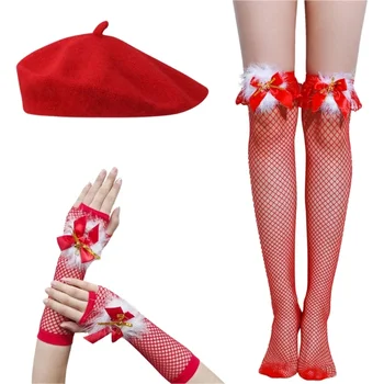 Коледна шапка за възрастни с мрежесто отглеждане и ръкавици, набор от традиционните червени аксесоари за cosplay на Дядо Коледа за новогодишните подаръци