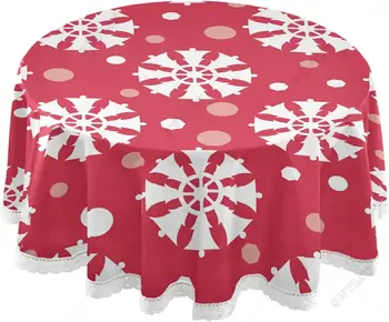 Коледни Бели Снежинки Сняг-червена кръгла покривка на 60-инчов покритие на масата, за да шведска маса, вечеря, пикник, на кухненския плот.