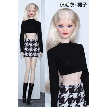 Комплект дрехи / черна риза и пуловер с дълъг ръкав + пола в окото / облекло за кукли есен облекло за кукли Барби 1/6 Xinyi ST FR