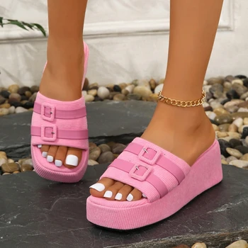 Летни нови дизайнерски ежедневни дамски чехли на дебела подметка, модни дамски сандали на равна подметка с наклон на ток, улични плажни джапанки-слинги
