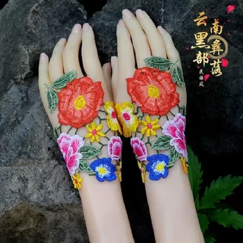 Луксозни Ръкавици без пръсти с 3D бродерия във формата на цвете, Дамски Дантелени Ръкавици на полпальца за танци за момичета, Жълти Ръкавици без пръсти