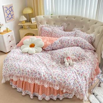 Малка прясна кръгло легло, памучно стеганое одеяло от четири части, 2 м 2,2 м, е кръгла чаршаф от 100% памук, полата за кръгли легла