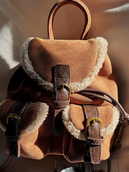 Малка училищна чанта от изкуствена велур в американския винтидж стил, есенни лоскутные джобове от вълна от овце, чанта-раница, чанта за жени