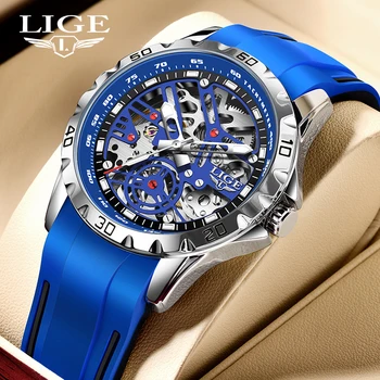 Механичен мъжки часовник LIGE От водеща марка за Луксозни кухи tourbillon, автоматичен механизъм, Модерен силиконов каучук, светещи водоустойчиви часовници