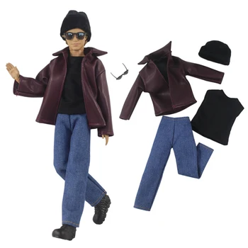Модерно яке от винена кожа, палта, жилетки, панталони, шапка, слънчеви очила, комплект дрехи за кукли Ken Момче, аксесоари за кукли 1: 6, детски играчки
