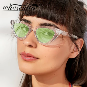 Модните Лъскави Слънчеви Очила Cat Eye, Дамски Маркови Дизайнерски Реколта Ретро Блестящи Кристални Зелени Лещи, Стръмни Слънчеви Очила Cateye Saiki K 698
