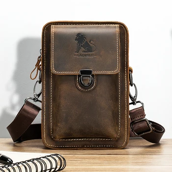 Мъжки многофункционална чанта-месинджър голям капацитет на едното рамо, от кожа Crazy Horse, ежедневна чанта за мобилен телефон в стила на ретро Му