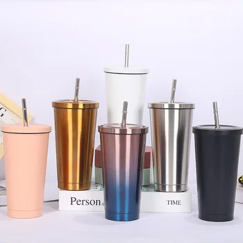 Нова чаша-термос от неръждаема стомана с вакуумна изолация, автомобили чашата за кафе с соломинкой