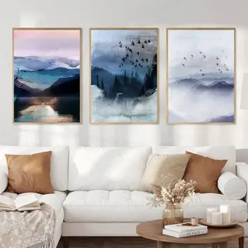 Пейзаж, Стенно изкуство, Акварел плакат, Синьо Планинско езеро, Птици, Природа, печат върху платно, Живопис, Модерен интериор за дома в хола