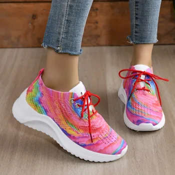 Преливащи се цветове мрежести обувки на платформа, дамски маратонки 2024, есенни нескользящие възли обувки за тенис, дамски лека ежедневни спортни обувки дантела