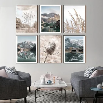Природен пейзаж На платно, Скандинавски Глухарче, сено, плакат с Планинско езеро, Стенни картината в хола, спалнята, украса и без рамка