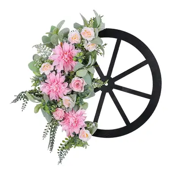 Пролетен венец от розови изкуствени цветя и колелото 43x42 см, украса, ръчно изработени за външно декор на фермерска къща, Универсално и лесно.