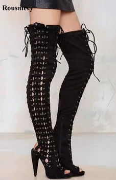 Пролетни Нови модни дамски ботуши-гладиатори от черен велур над коляното с отворени пръсти, високи ботуши на висок ток с изрезки, пикантни обувки