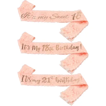 Розов дантелен презрамка 16 18 21лет Рожден Ден Момичета честит Рожден Ден Украса на раменния колан от сатенена лента