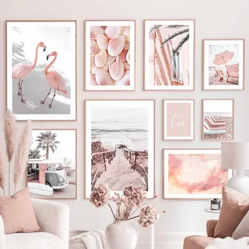 Розово морски плаж, фламинго, Ретро вана, дъска за сърф, Лятна стенни живопис, Интериор за дневната, Плакати и щампи, стенни рисунки