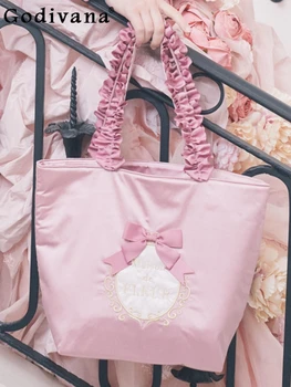 Сладка розова чанта в японски стил с хубава панделка, красива модерна универсална стеганая дамска чанта с лък и цветен модел, плиссированная с едно рамо