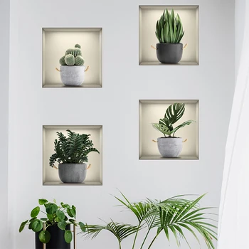 Творческа накладное прозорец от PVC, самозалепващи се тапети със зелени растения в саксии, стикер за стена за хол, Декоративна спалня